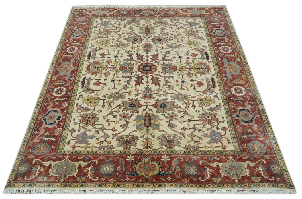 Traditional Floral Beige and Brown Vintage Style Hand knotted 8x10 wool Area Rug
