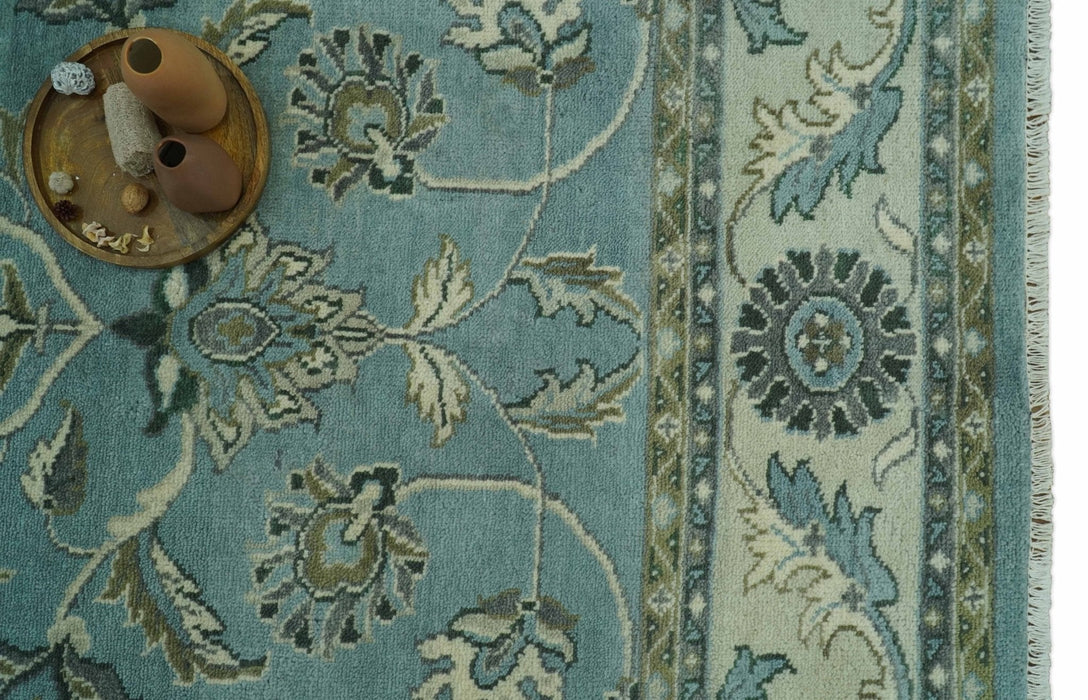 Traditional Floral Blue and Beige 8X10 Antique Style Hand Knotted Wool Rug