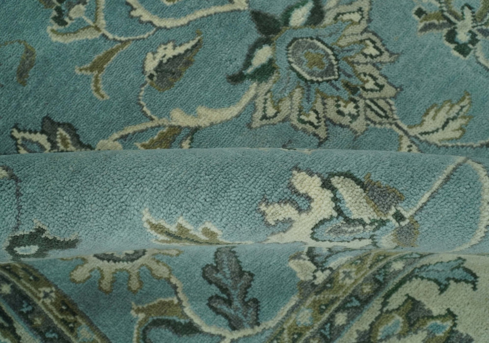 Traditional Floral Blue and Beige 8X10 Antique Style Hand Knotted Wool Rug
