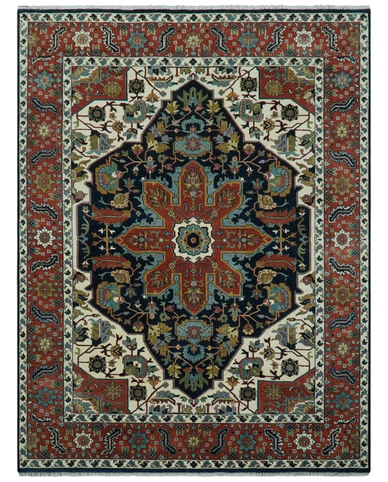 Traditional Floral Blue, Ivory and Rust Hand Knotted 9x12 wool area rug