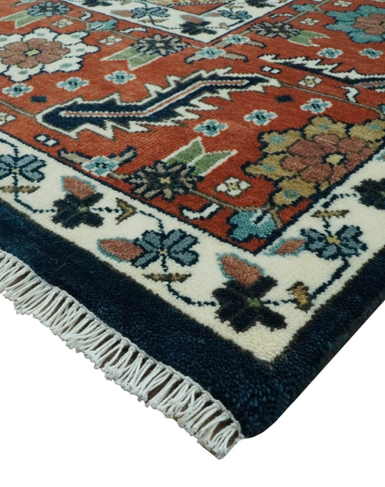 Traditional Floral Blue, Ivory and Rust Hand Knotted 9x12 wool area rug