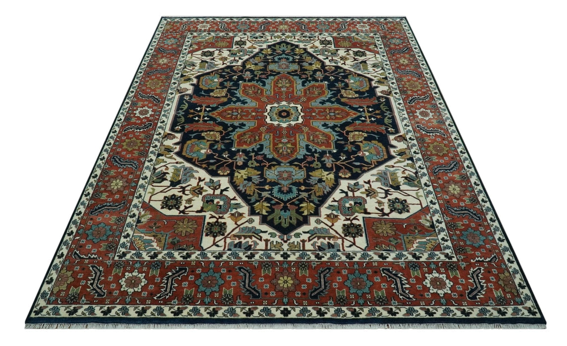Traditional Floral Blue, Ivory and Rust Hand Knotted 9x12 wool area rug