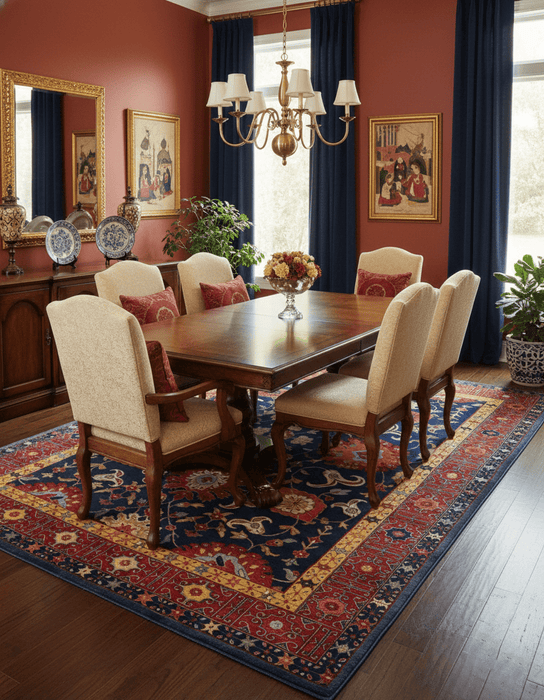 Traditional Floral Design Blue And Red 8x11 Hand Knotted wool Area Rug