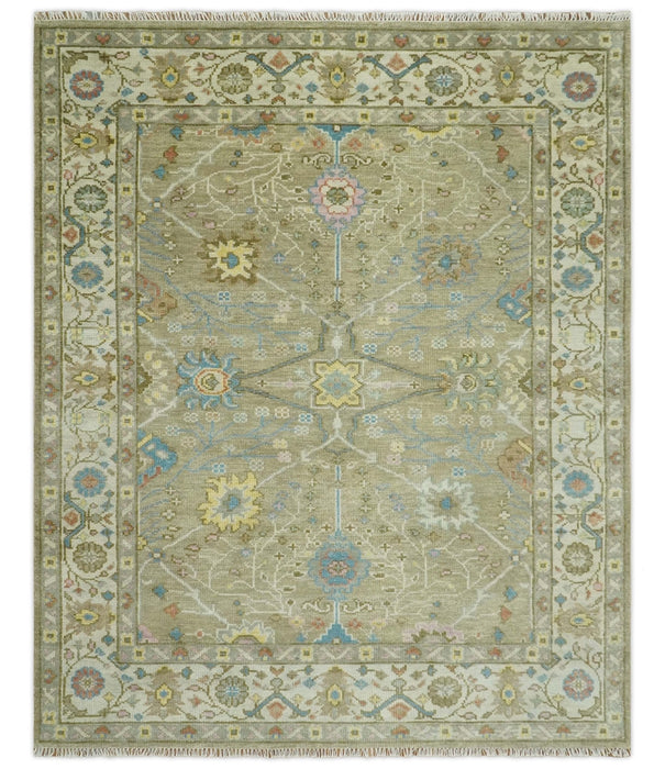 Traditional Floral Olive and Ivory 8x10 Hand Knotted Oriental Oushak wool area rug