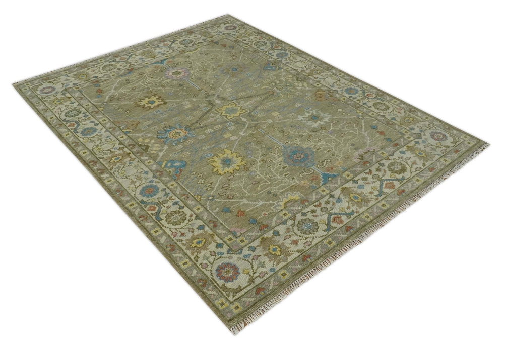 Traditional Floral Olive and Ivory Hand Knotted Oriental Oushak Custom Made wool area rug