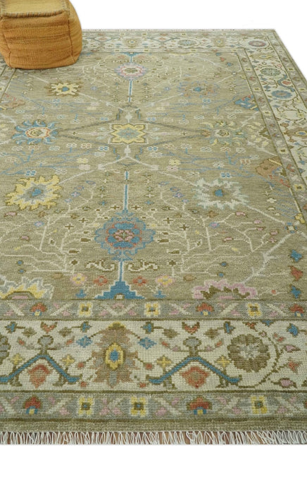 Traditional Floral Olive and Ivory Hand Knotted Oriental Oushak Custom Made wool area rug