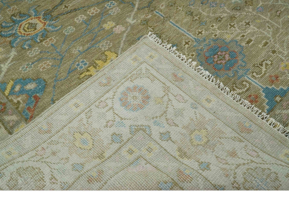 Traditional Floral Olive and Ivory Hand Knotted Oriental Oushak Custom Made wool area rug