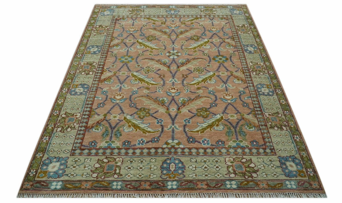 Traditional Floral Peach and Green Hand Knotted Custom Made wool area rug