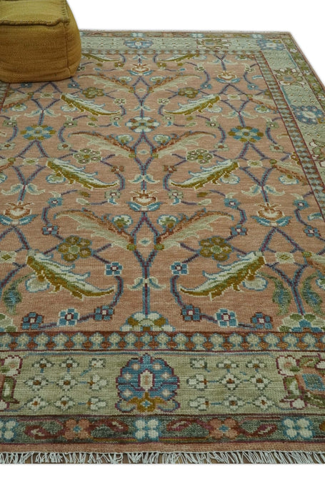 Traditional Floral Peach and Green Hand Knotted Custom Made wool area rug