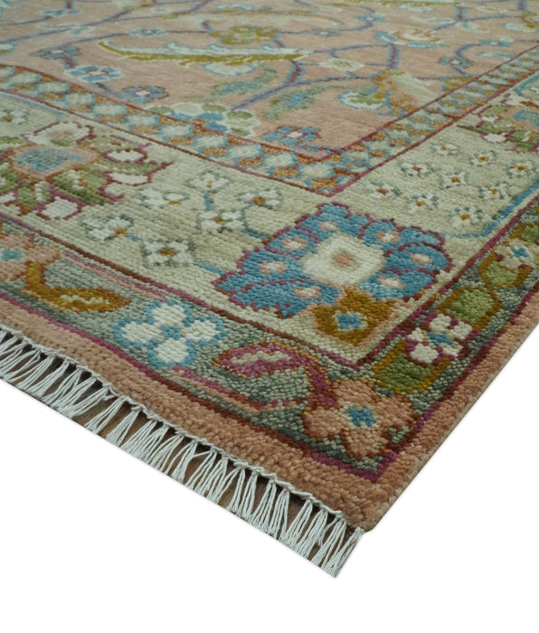 Traditional Floral Peach and Green Hand Knotted Custom Made wool area rug