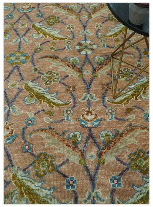 Traditional Floral Peach and Green Hand Knotted Custom Made wool area rug