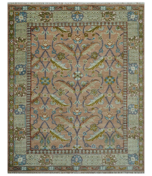 Traditional Floral Peach and Green Hand Knotted Custom Made wool area rug