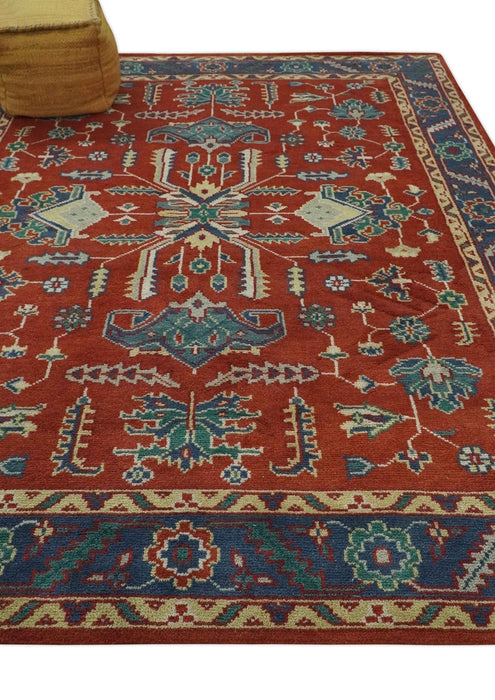 Traditional Floral Red, Blue, Beige and Green Hand Knotted Medallion Custom Made wool Area Rug