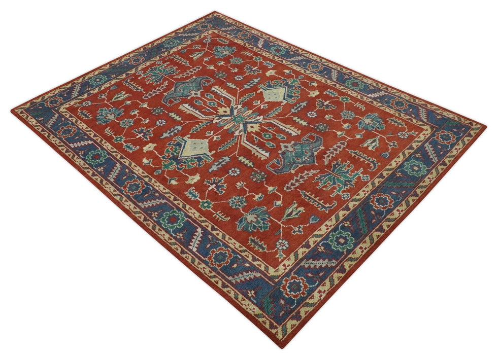 Traditional Floral Red, Blue, Beige and Green Hand Knotted Medallion Custom Made wool Area Rug