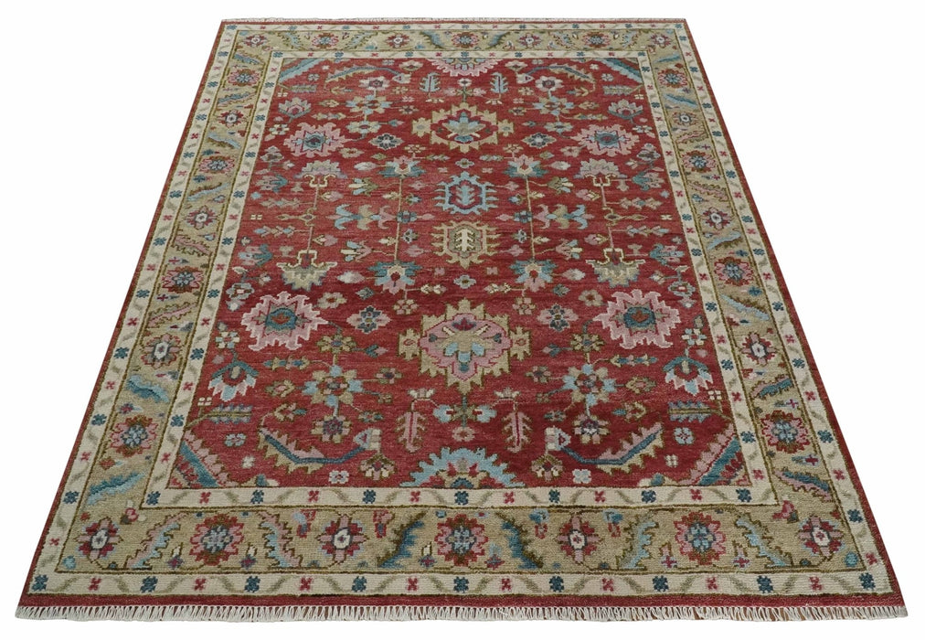 Traditional Floral Rust, Beige and Teal Hand knotted 8x10 Oushak wool Area Rug