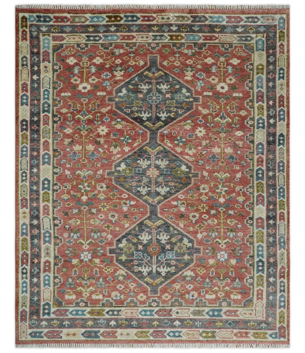 Traditional Floral Rust, Charcoal and Ivory Hand knotted 8x10 wool Area Rug