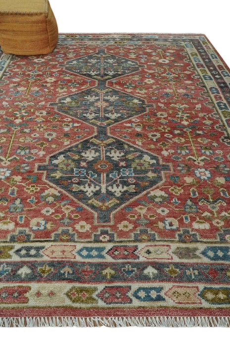 Traditional Floral Rust, Charcoal and Ivory Hand knotted 8x10 wool Area Rug