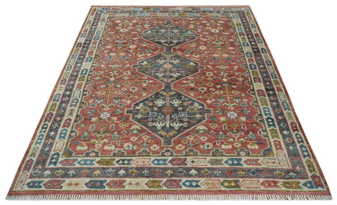 Traditional Floral Rust, Charcoal and Ivory Hand knotted Custom Made wool Area Rug