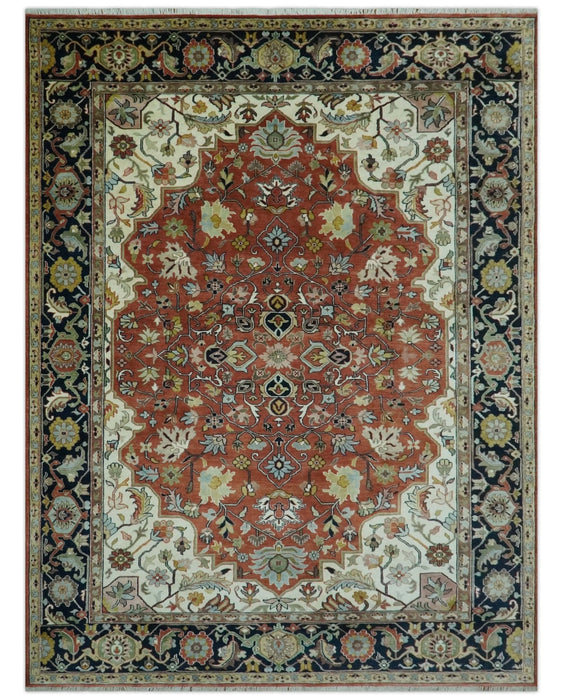 Traditional Floral Rust, Ivory and Blue Fine Hand Knotted 9x12 wool area rug