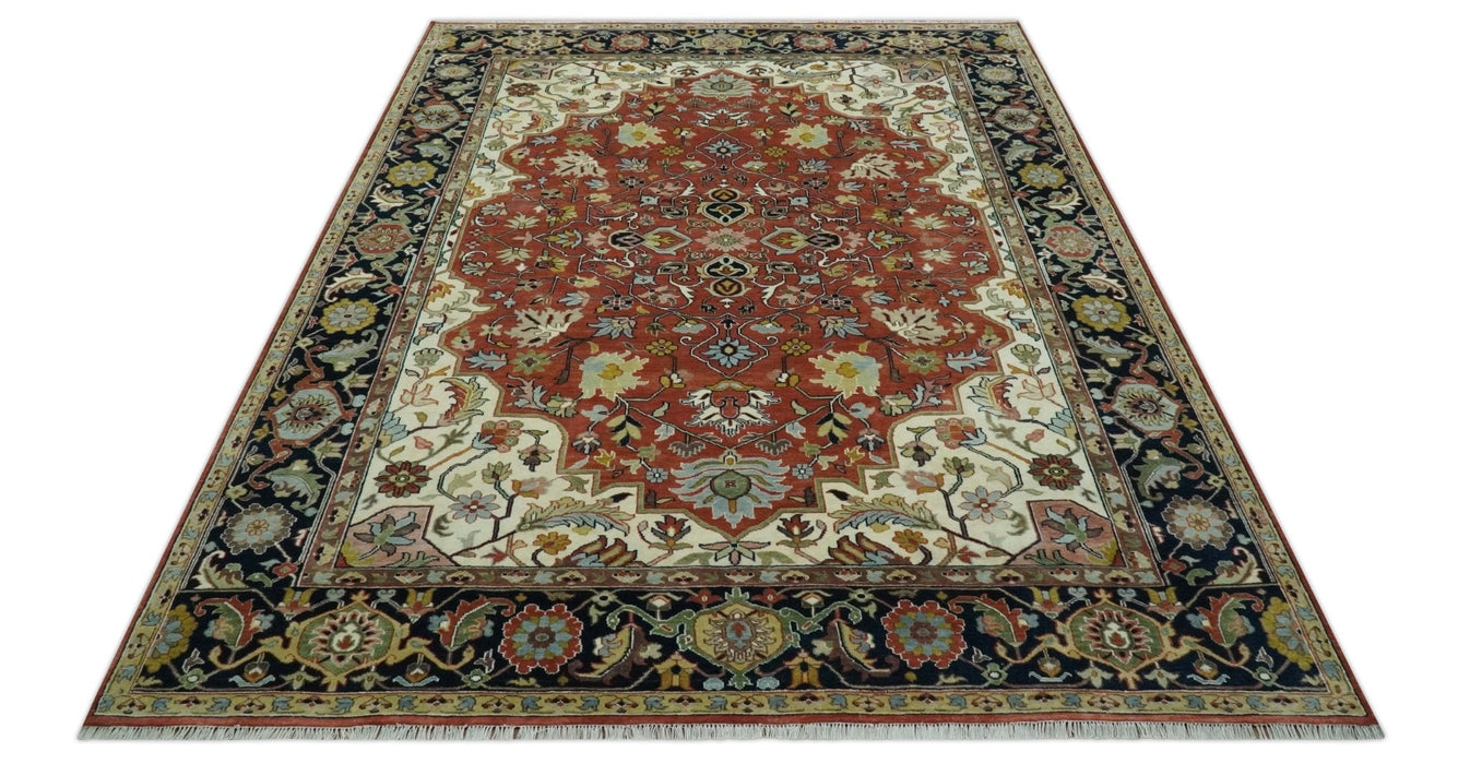 Traditional Floral Rust, Ivory and Blue Fine Hand Knotted 9x12 wool area rug