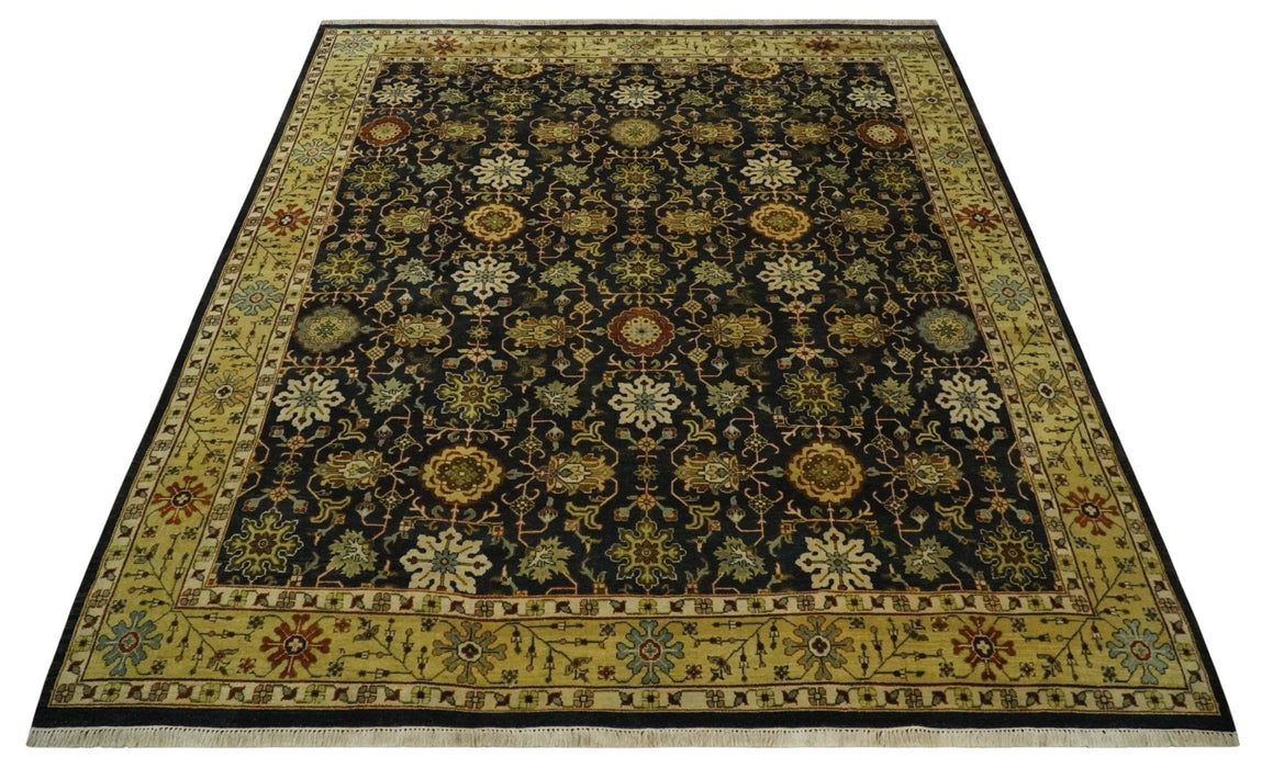 Traditional Floral Vintage Style Black and Olive Hand knotted 8x10 wool area Rug