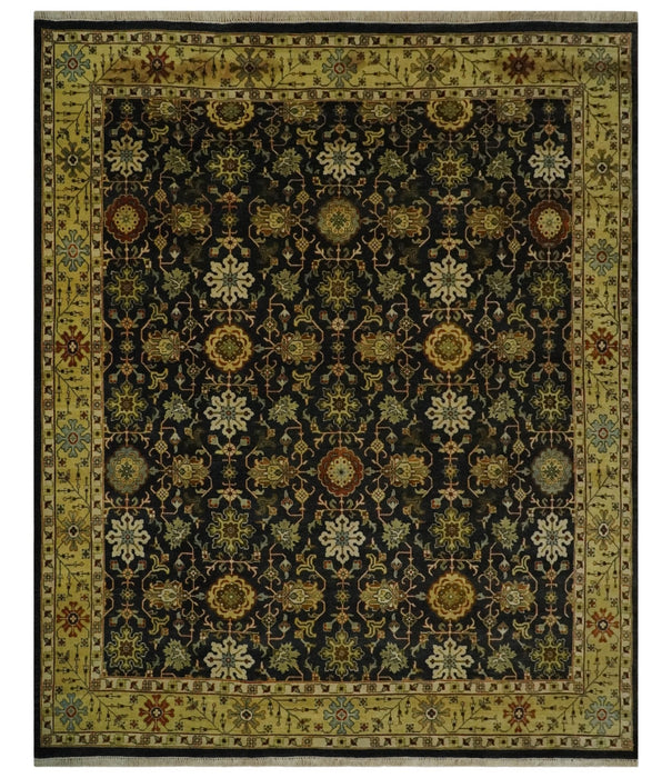 Traditional Floral Vintage Style Black and Olive Hand knotted 8x10 wool area Rug