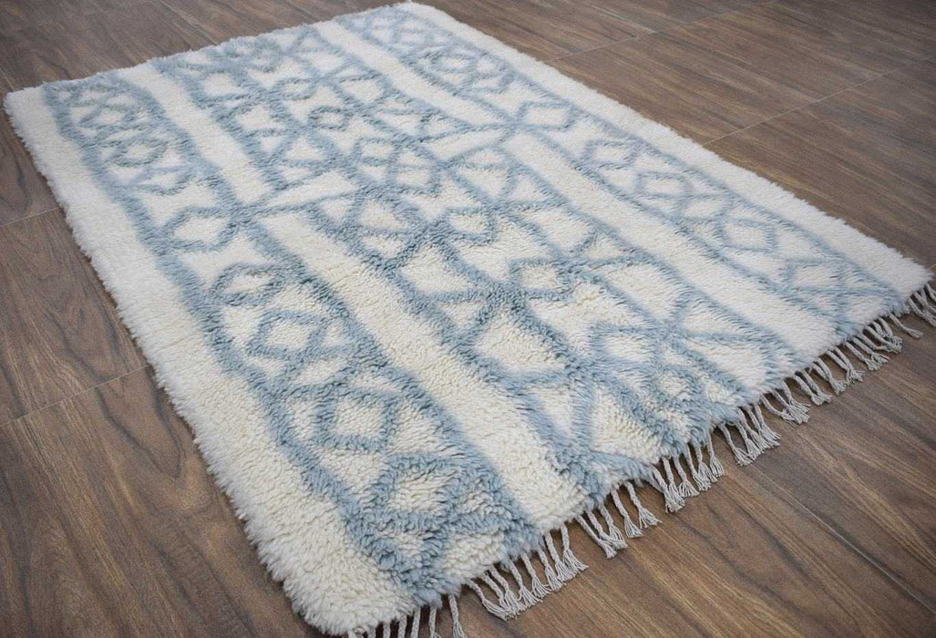 Traditional Hand Made Moroccan Design Wool Light Blue Moroccan Rug