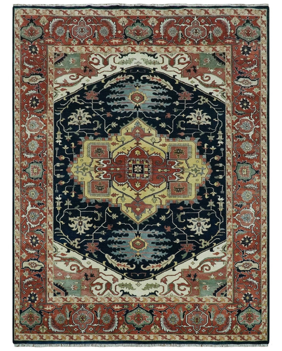 Traditional Heriz Blue, Beige and Rust Fine Hand Knotted 9x12 wool area rug
