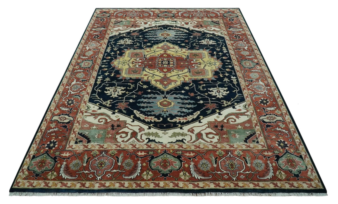 Traditional Heriz Blue, Beige and Rust Fine Hand Knotted 9x12 wool area rug