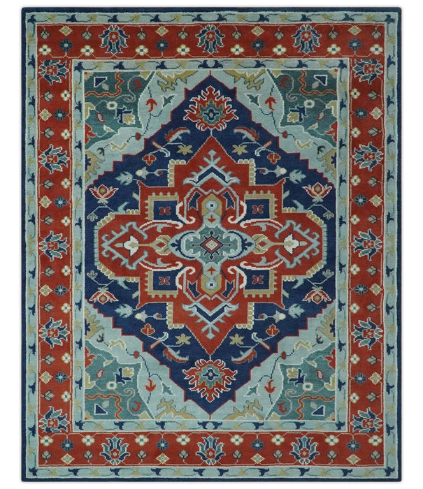 Traditional Heriz Brown, Blue and Gray Hand Knotted Custom Made Wool Area Rug