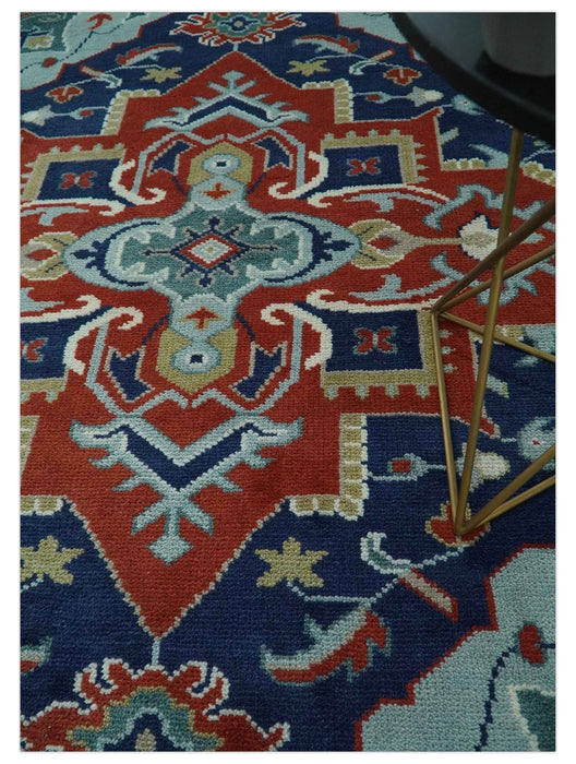 Traditional Heriz Brown, Blue and Gray Hand Knotted Custom Made Wool Area Rug