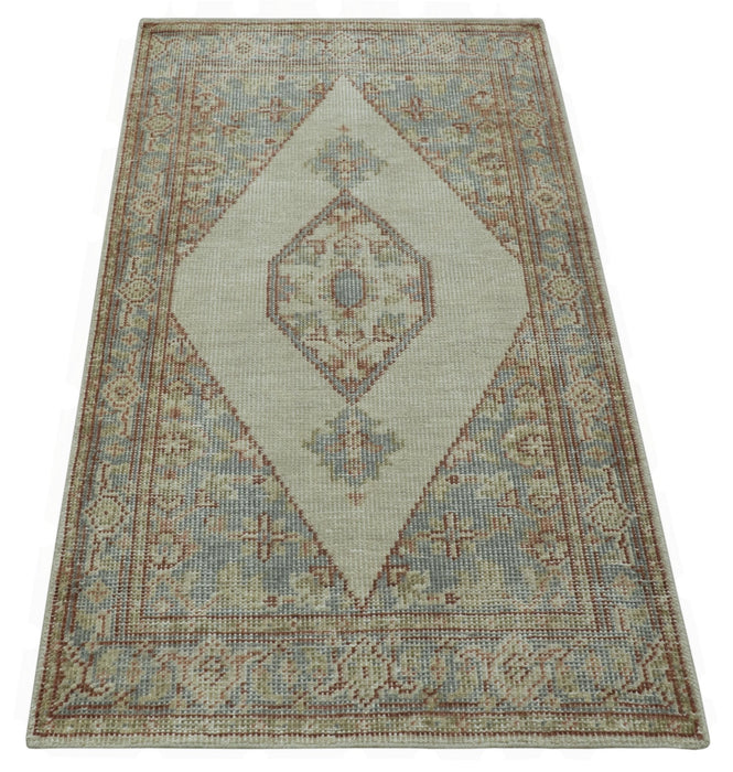 Traditional Heriz Design Beige And Blue Hand Knotted 3x5 Wool Area Rug