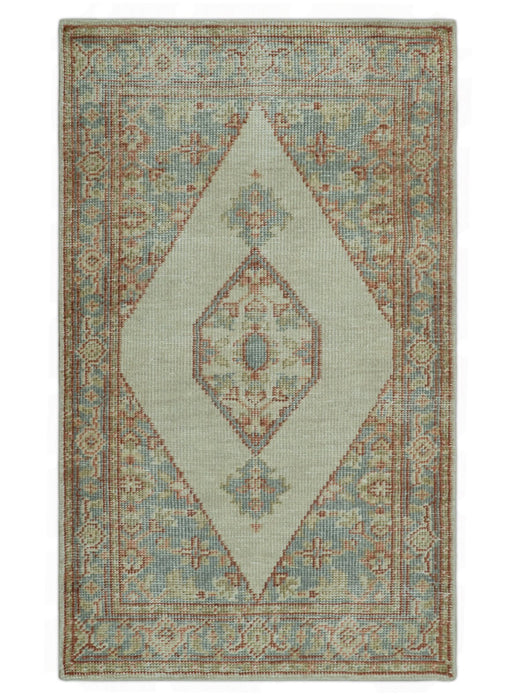 Traditional Heriz Design Beige And Blue Hand Knotted 3x5 Wool Area Rug