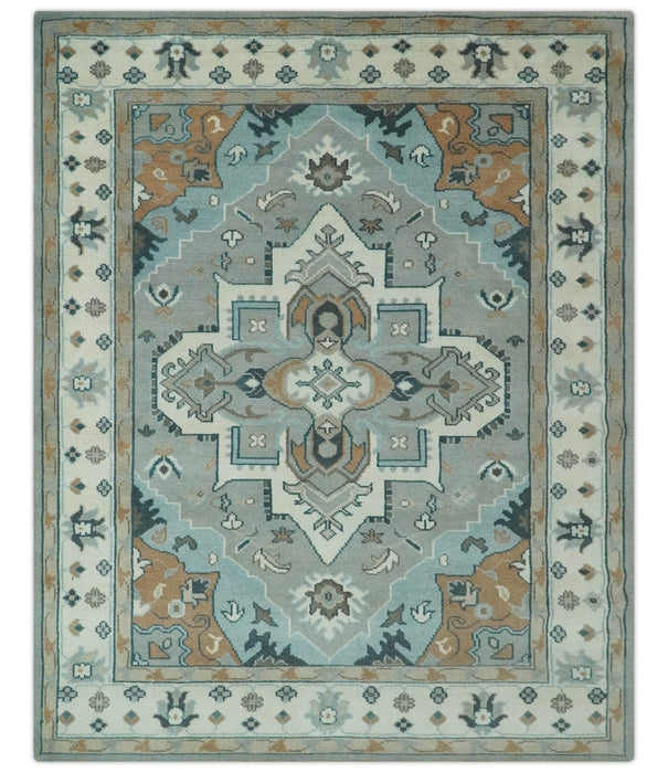 Traditional Heriz Gray and Ivory 7x9 and 8x10 Floral Hand Knotted wool Area Rug