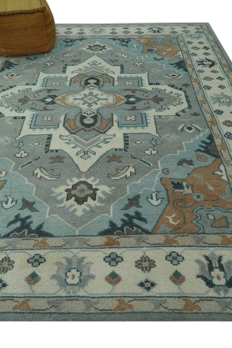 Traditional Heriz Gray and Ivory 7x9 and 8x10 Floral Hand Knotted wool Area Rug