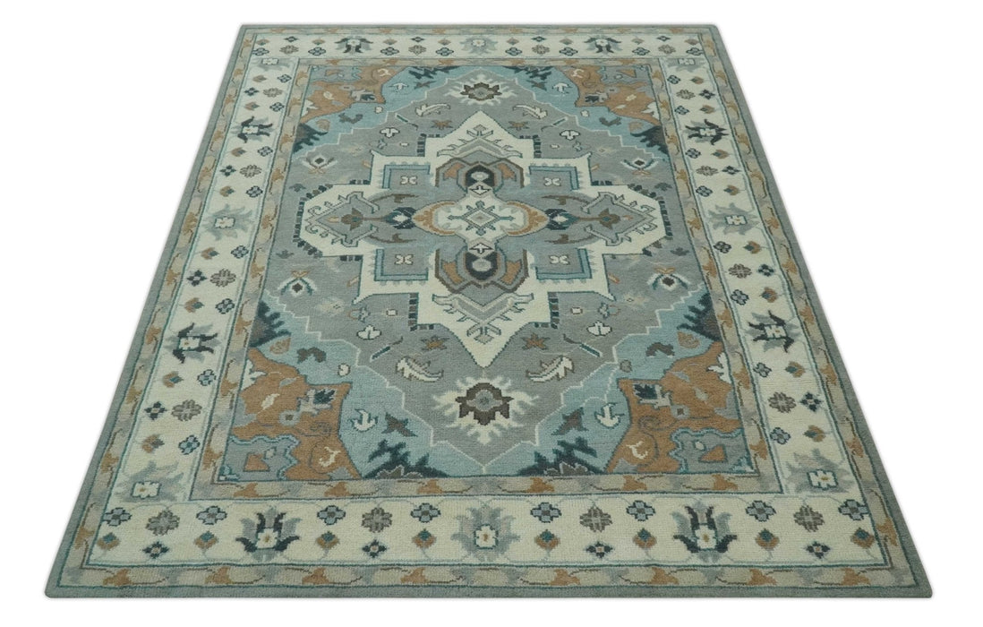 Traditional Heriz Gray and Ivory Floral Hand Knotted Custom Made wool Area Rug