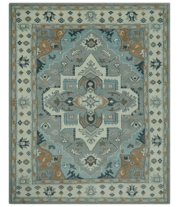 Traditional Heriz Gray and Ivory Floral Hand Knotted Custom Made wool Area Rug