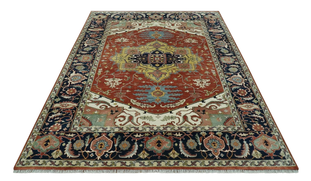 Traditional Heriz Rust and Blue Fine Hand Knotted 9x12 wool area rug