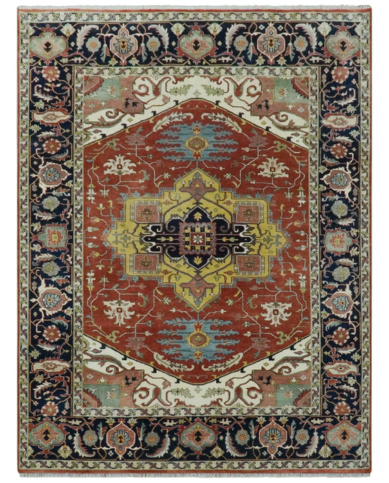Traditional Heriz Rust and Blue Fine Hand Knotted 9x12 wool area rug