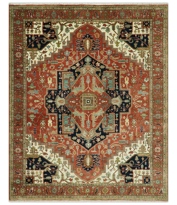 Traditional Heriz Rust, Ivory and Blue 8x10 fine Hand Knotted wool area rug