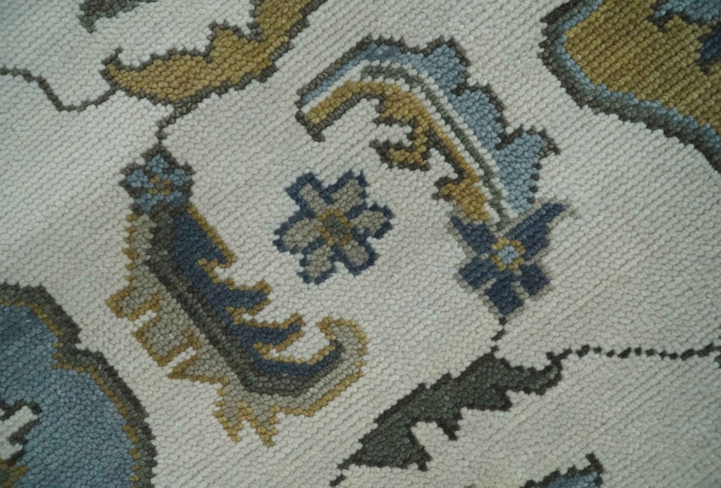 Traditional Ivory and Beige Hand Knotted Oriental Oushak Wool Area Rug