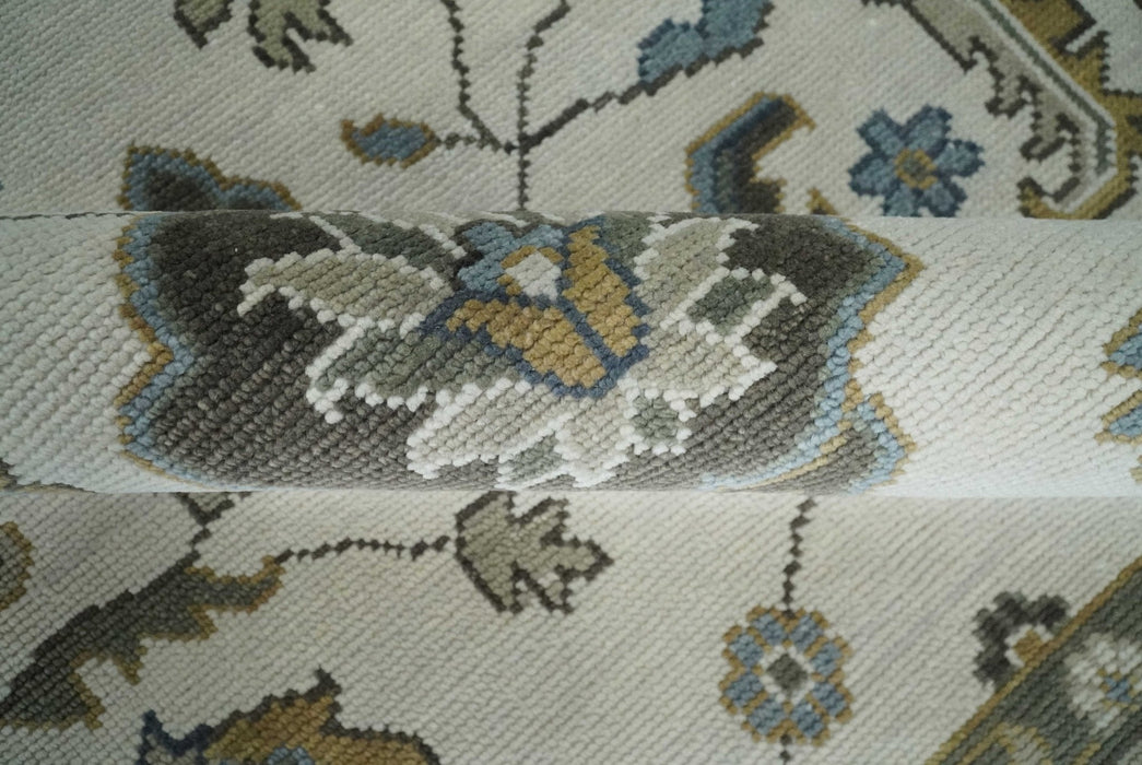 Traditional Ivory and Beige Hand Knotted Oriental Oushak Wool Area Rug