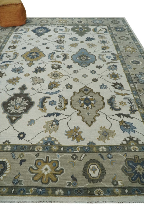 Traditional Ivory and Beige Hand Knotted Oriental Oushak Wool Area Rug