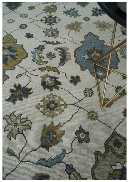 Traditional Ivory and Beige Hand Knotted Oriental Oushak Wool Area Rug