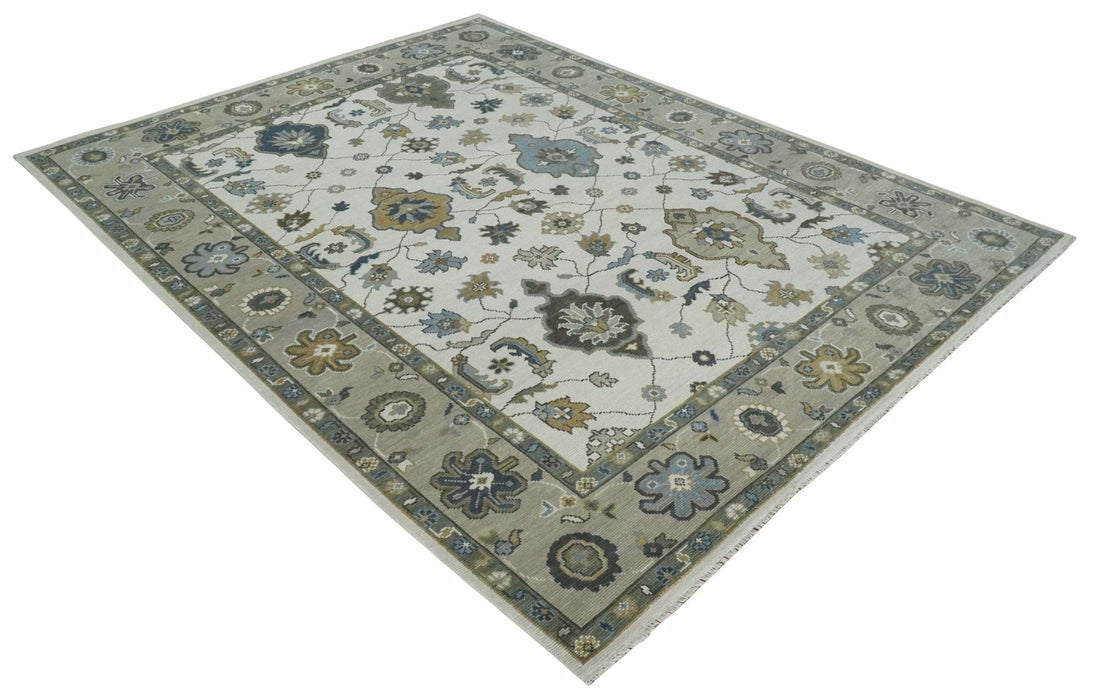 Traditional Ivory and Beige Hand Knotted Oriental Oushak Wool Area Rug