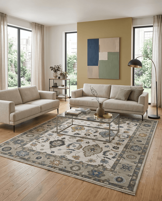 Traditional Ivory and Beige Hand Knotted Oriental Oushak Wool Area Rug