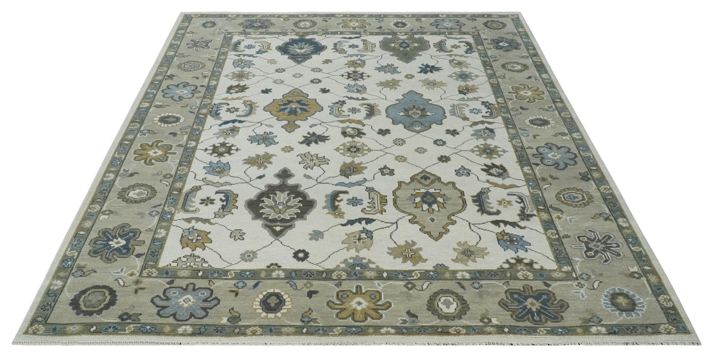 Traditional Ivory and Beige Hand Knotted Oriental Oushak Wool Area Rug