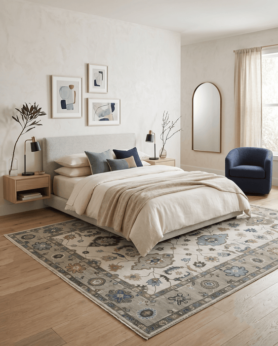 Traditional Ivory and Beige Hand Knotted Oriental Oushak Wool Area Rug