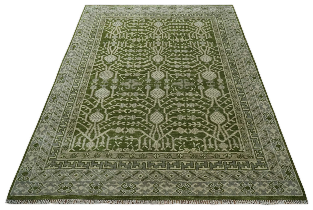 Traditional Khotan Design Hand knotted Green and Ivory 8x10 wool Area Rug