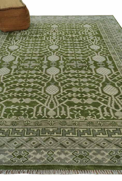 Traditional Khotan Design Hand knotted Green and Ivory 8x10 wool Area Rug